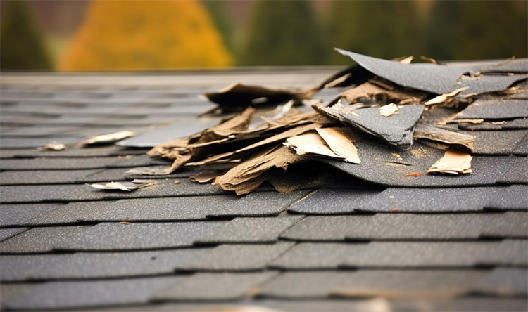 damaged shingle roof being replaced